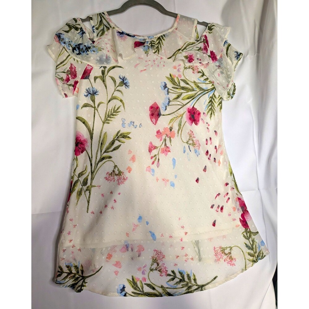 Roz & Ali Floral Chiffon Ruffle Flutter Short Sleeve Round Neck Blouse S